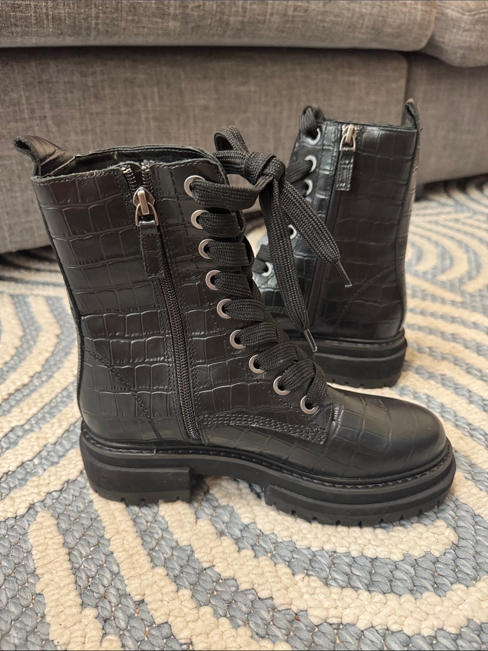Kurt Geiger Black Croc Embossed Leather Combat Boots EU 36 - Picture 3 of 8